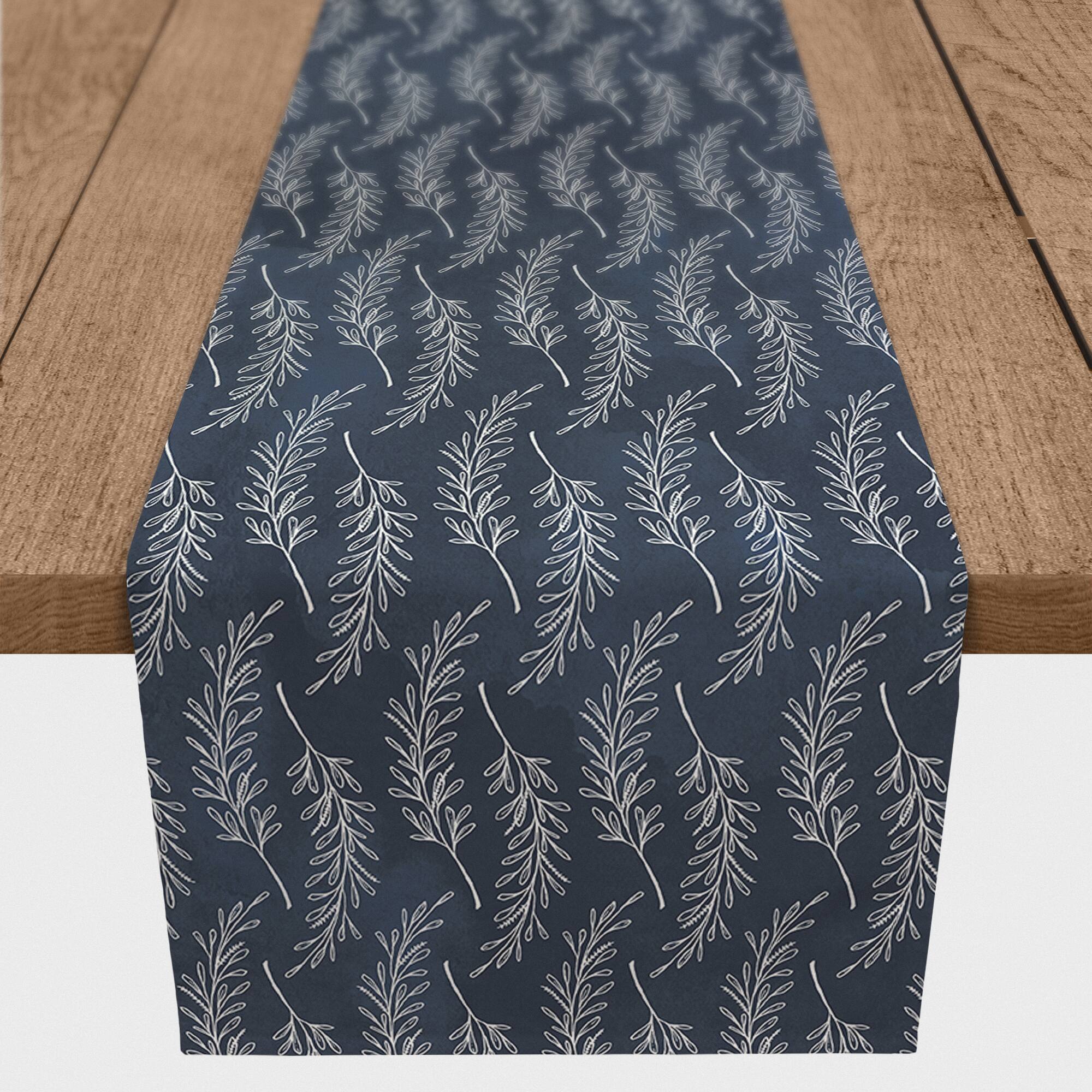 Fern Leaves On Navy Outdoor Table Runner